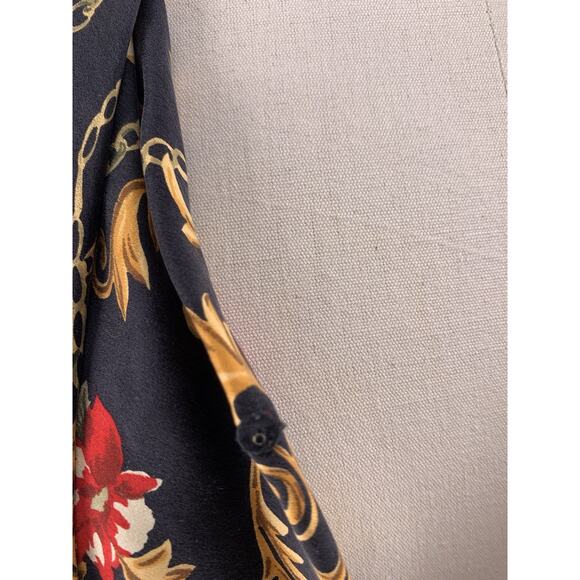 Vintage Silk Blouse Black Gold Key Baroque Chain Floral Print Top Saks 12 - Picture 9 of 14